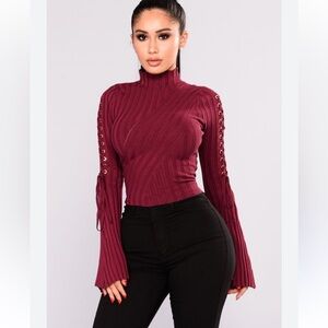 Fashion Nova Wine Ribbed Knit Top with Lace-Up Sleeves Size XS